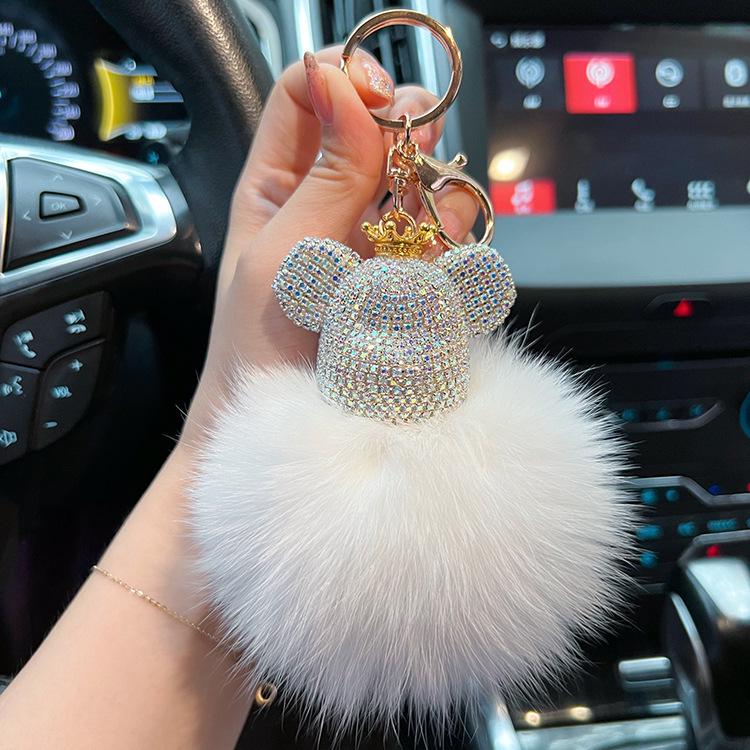 Luxurious Diamond-Studded Bear Keychain with Real Fox Fur - Stylish Accessory and Thoughtful Gift