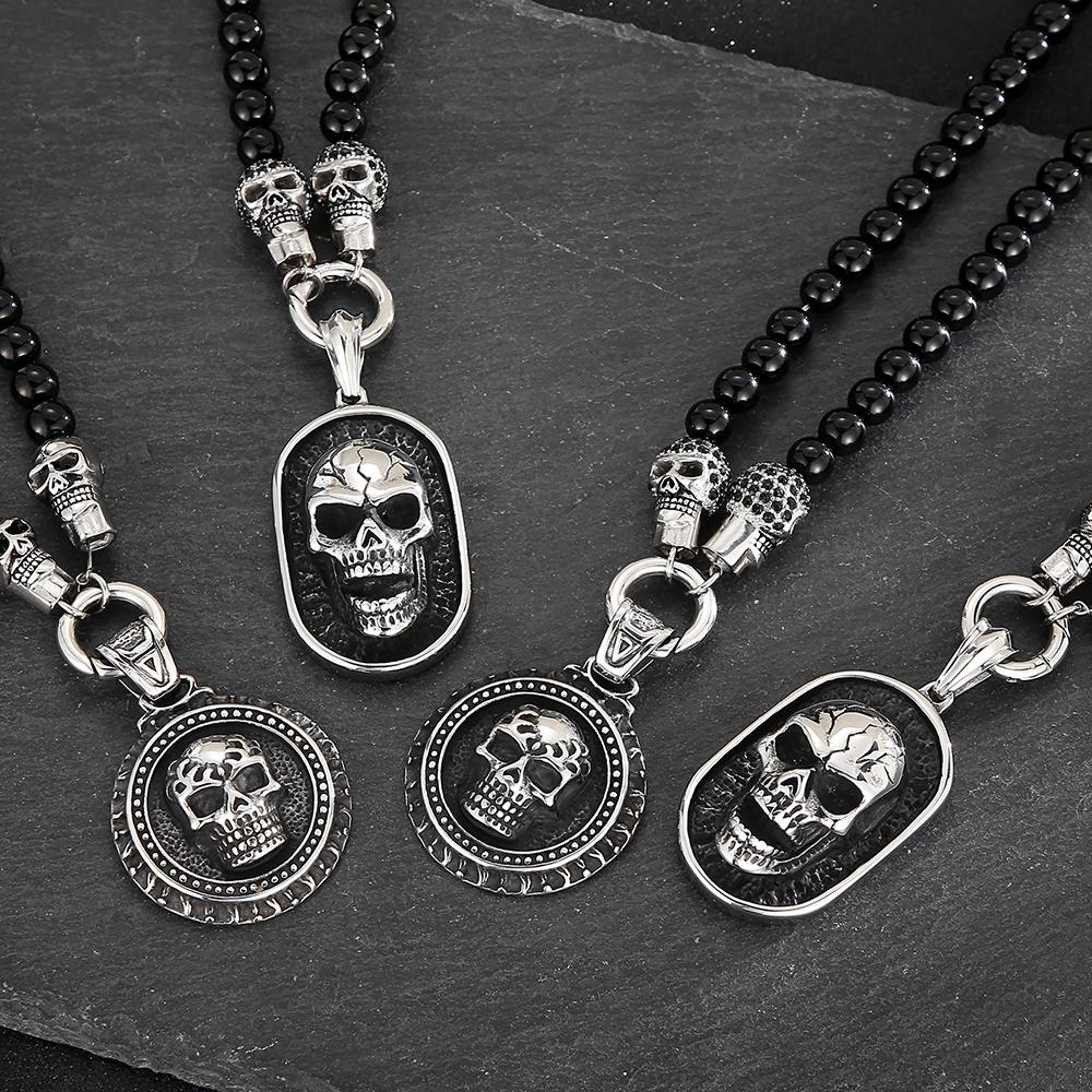 Мужское ожерелье в стиле стимпанк с подвеской в виде черепа и лица из фианита для мужчин, ширина 8 мм, длина 50 см, агатовые бусины, цепочка из нержавеющей стали, ювелирные изделия