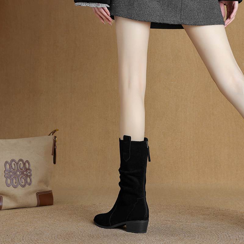 Krazing Pot Зимние женские сапоги из коровьей замши и нубука с круглым носком и средним каблуком, элегантные женские сапоги до середины голени в стиле ретро со складками