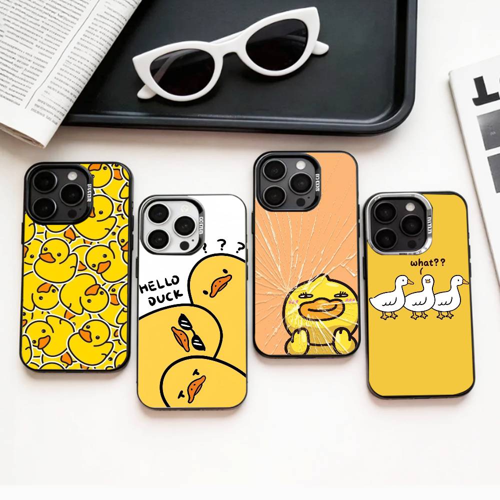 Adorable Yellow D-Duck Phone Case For iPhone17,16,15,14,13,12,11 Plus,Pro Max Colored Silver Plated Inside Cover