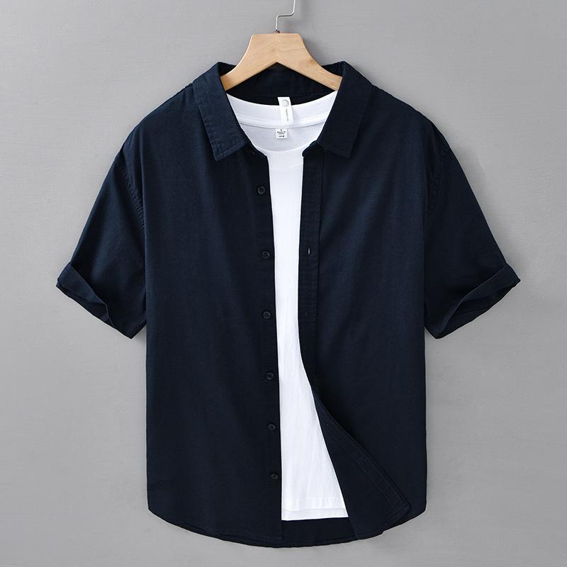 Летняя рубашка Мужская повседневная рубашка с коротким рукавом Однотонная рубашка с отложным воротником из хлопка и льна Мужские топы Простой стиль Мужская одежда Дышащая