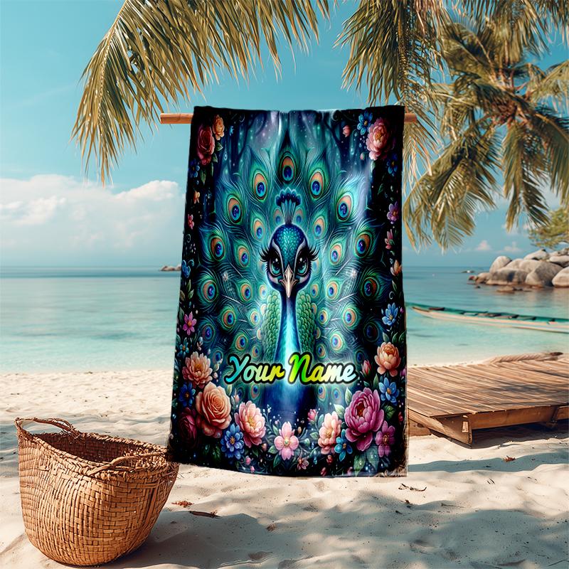 1PC Custom Name Peacock Floral Fantasy Beach Towel Highly Absorbent And Sand-Resistant Towel for Swimming, Pool, Yoga, And Travel Lightweight