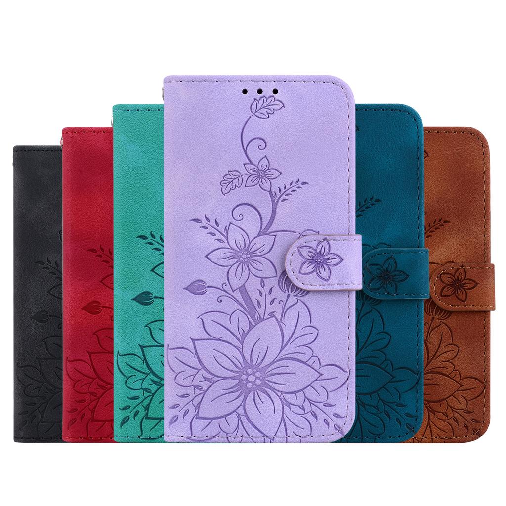 Чехол-книжка из кожи с тиснением Lily Fower для Samsung Galaxy S25Plus S24 S23 Ultra с подставкой и слотом для карт, чехол-кобура для Galaxy A16 A06 A55 M35 M55