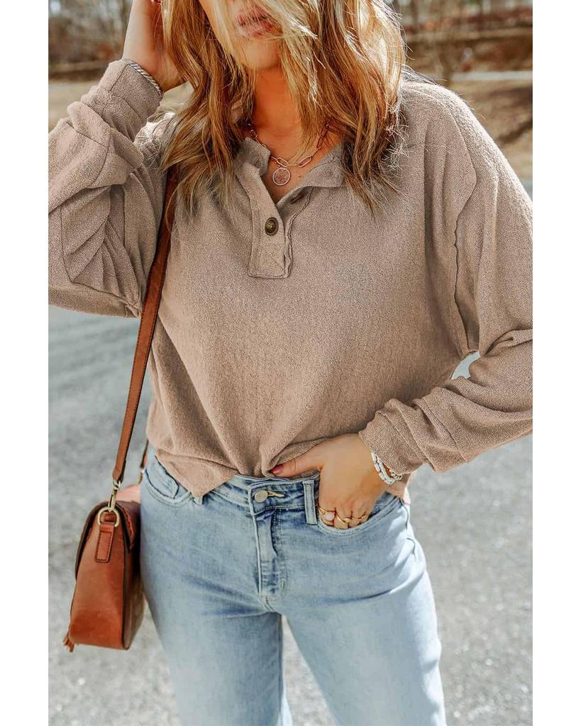 Azura Exchange Apricot Button Split Neck Retro Patchwork Long Sleeve Top