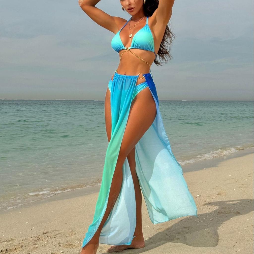 Sexy with Cover Up Gradient Halter Bikini 3PCS Female Swimsuit Women Swimwear Three-pieces Bikini Set Bather Bathing Suit Swim