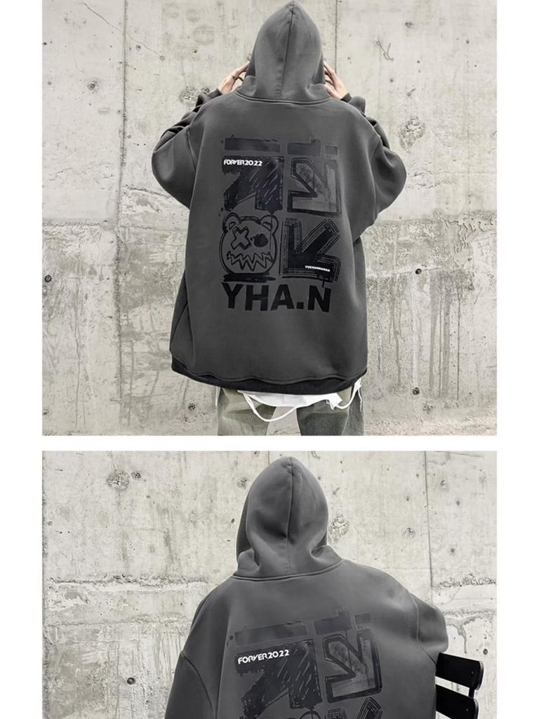 Мужская толстовка с капюшоном на плюшевой подкладке - Большой размер, Осень/Зима, Хип-хоп стиль, Модный свободный крой, Вдохновленная Америкой.