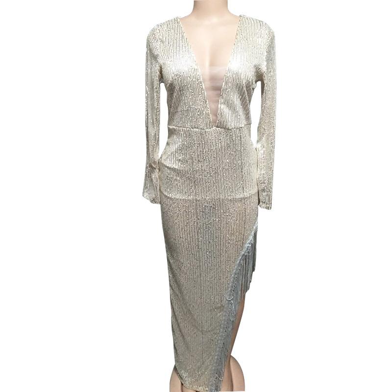 Summer new European and American women's dress, sequined v-neck long-sleeved long dress, sexy asymmetrical dress