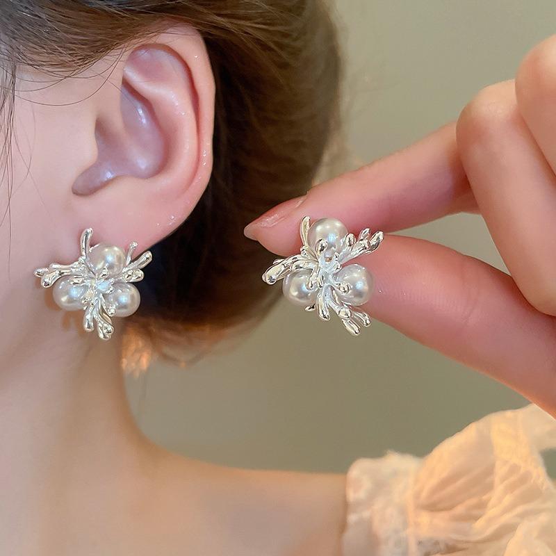 Серебряная игла супер-вспышка циркон жемчуг геометрические круглые цветочные серьги простые серьги-гвоздики с индивидуальностью серьги нишевого дизайна женские