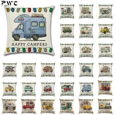 Новые мультяшные наволочки для подушек для караванинга Happy Campers, горячие льняные наволочки, современные декоративные наволочки для диванных подушек для гостиной