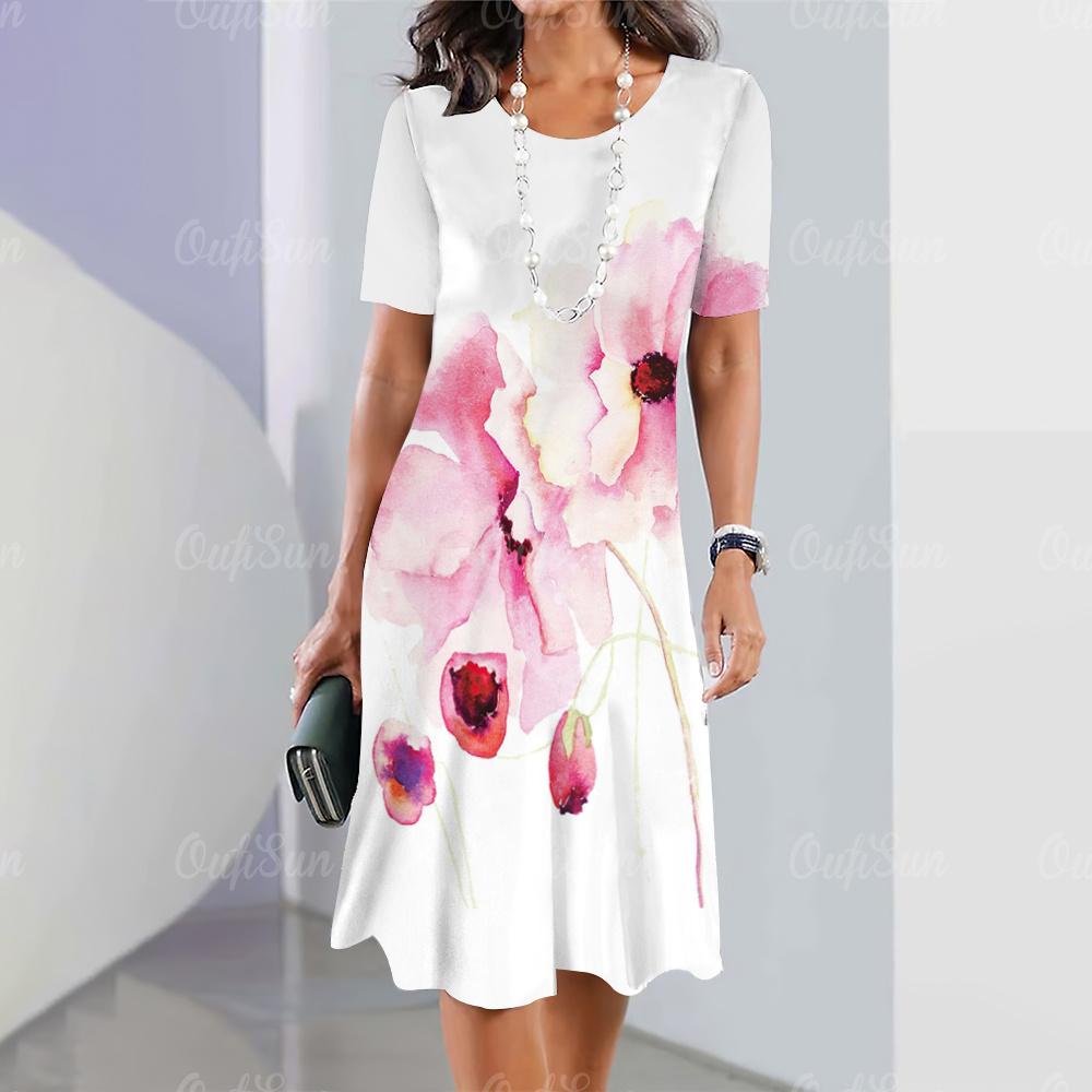2024 New Women's Dresses Floral Printed Summer Luxury Midi Dresses Feamle Short Sleeve Dress Fashion Oversized Clothes