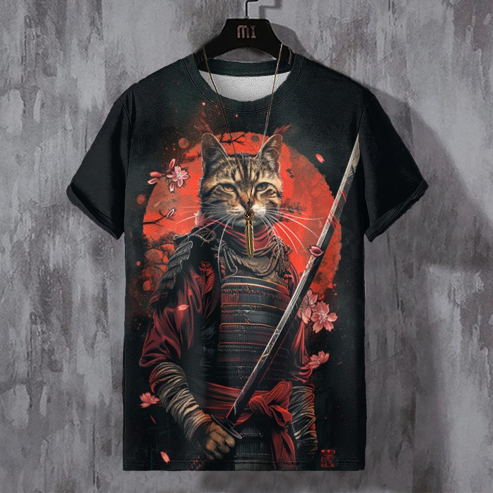 Футболка в японском стиле для мужчин, футболки с рисунком кота-воина, повседневная футболка с коротким рукавом с 3D-принтом, мужская одежда больших размеров, топы