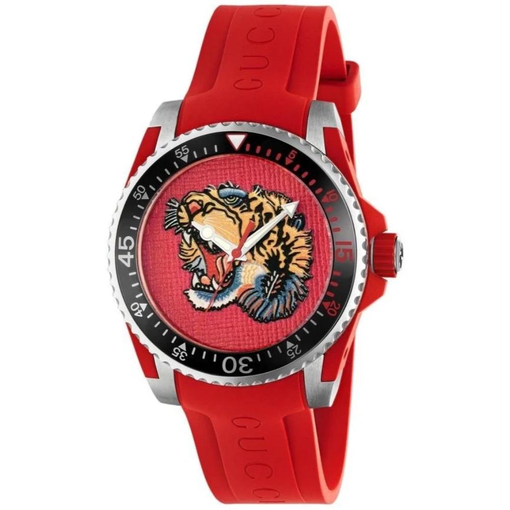 Gucci YA136315 Мужские часы Gucci Dive с вышивкой-тигром и красным циферблатом