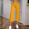 Women's Hollow Belt Trousers Temperament  Flared High Waist 3/4 Pant Casual Fit Wide Capris Leg Pants
