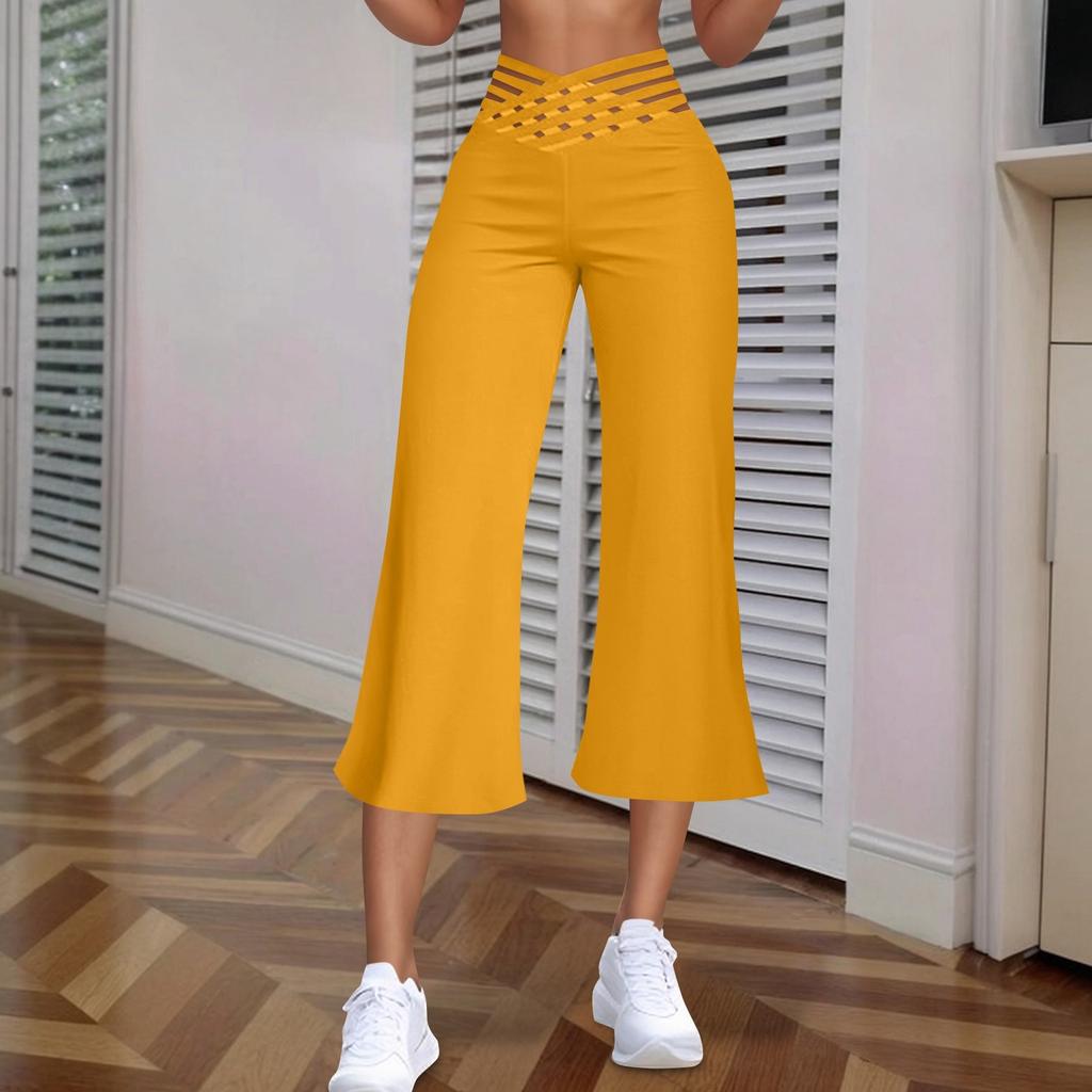 Women's Hollow Belt Trousers Temperament Flared High Waist 3/4 Pant Casual Fit Wide Capris Leg Pants