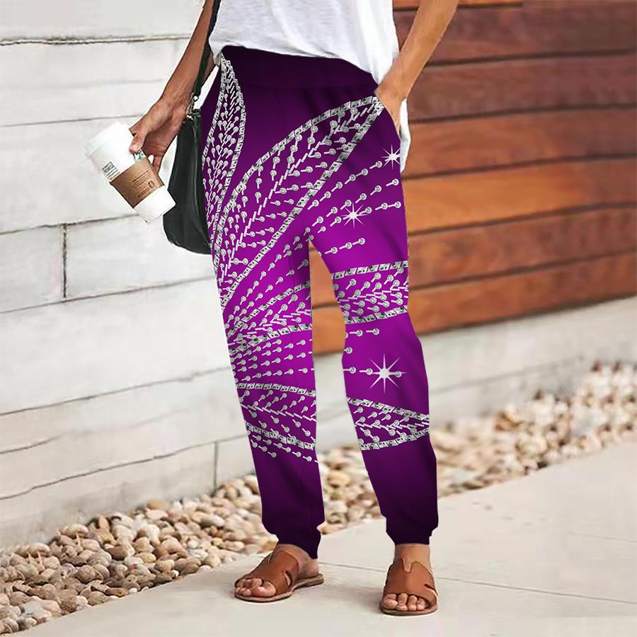 Women Flash Diamond Printing Pants Lace Up Elastic Waist Loose Trousers Casual Long Pants Trousers with Pockets