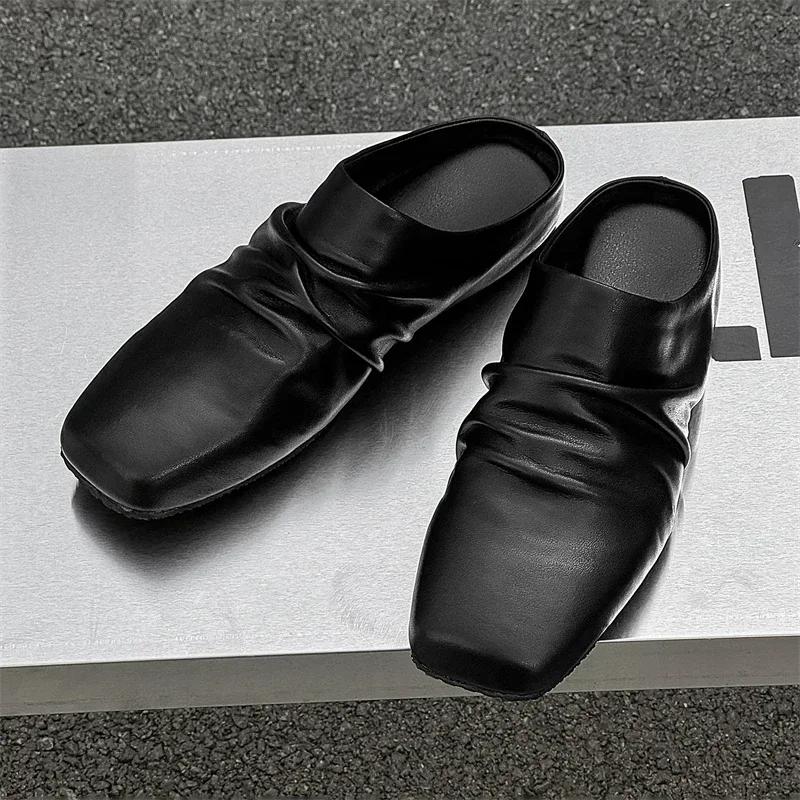 Men Genuine Leather Slippers New British Style Casual Leather Outdoor Walking Slippers Flat Designer Antiskid Soft Bottom Shoes