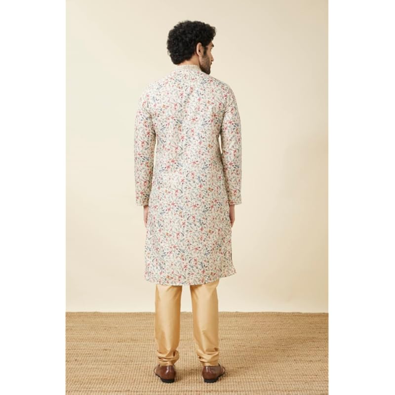 Мужской хлопковый printed полный рукав длина до колена комплект Kurta от Manyavar (Бежевый, XL)