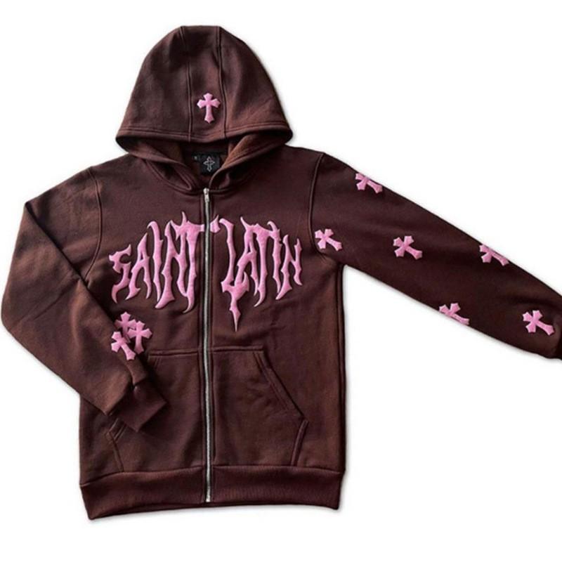 Unisex Punk Rock Hooded Zip-Up Sweatshirt With Cross Print Streetwear Thermal Transfer Design