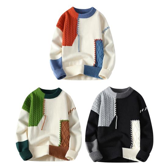 Мужской зимний свитер с нерегулярным цветным дизайном, лоскутный круглый вырез, трикотажный свободный, с длинными рукавами, толстый спортивный свитер для повседневной носки