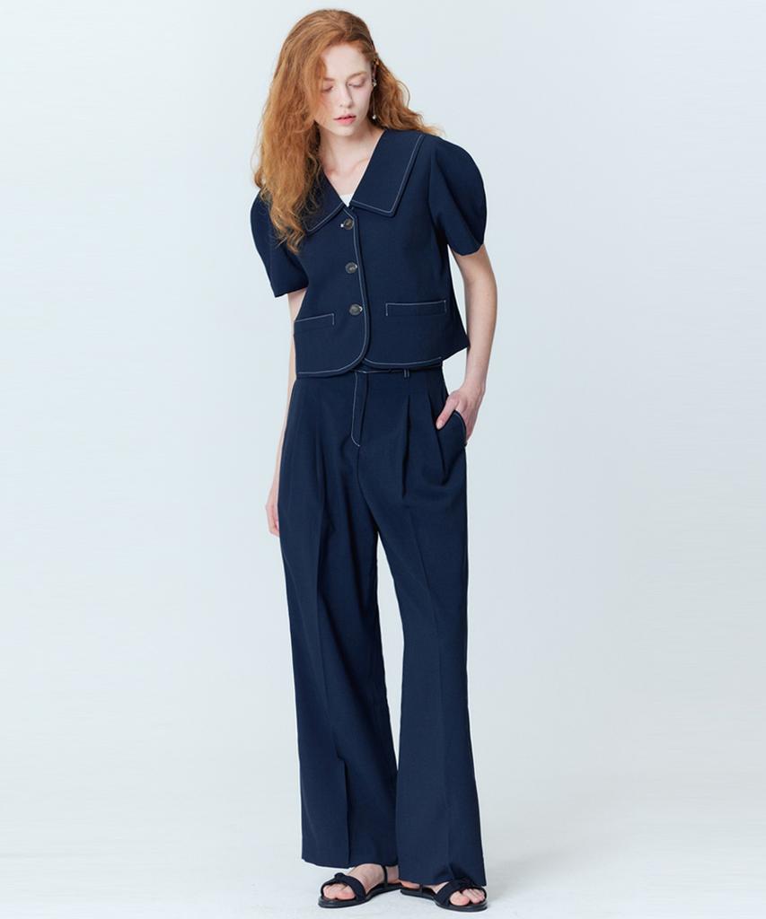 OPENING SUNSHINE Puff Sleeve Crop Jacket_Two-Pleat Wide Pants Set_Navy