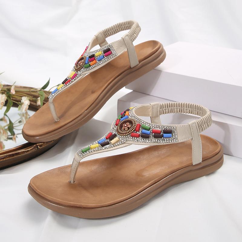2024 Летние сандалии-гладиаторы с зажимом на носке, женские винтажные босоножки на плоской подошве в стиле бохо, женские, большого размера 43, нескользящие пляжные шлепанцы