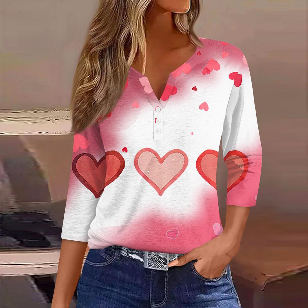 Жен. Футболка Футболка С принтом Пуговицы Рукав 3/4Ежедневно Выходные Мода Классический Топ с v-образным вырезом Обычный