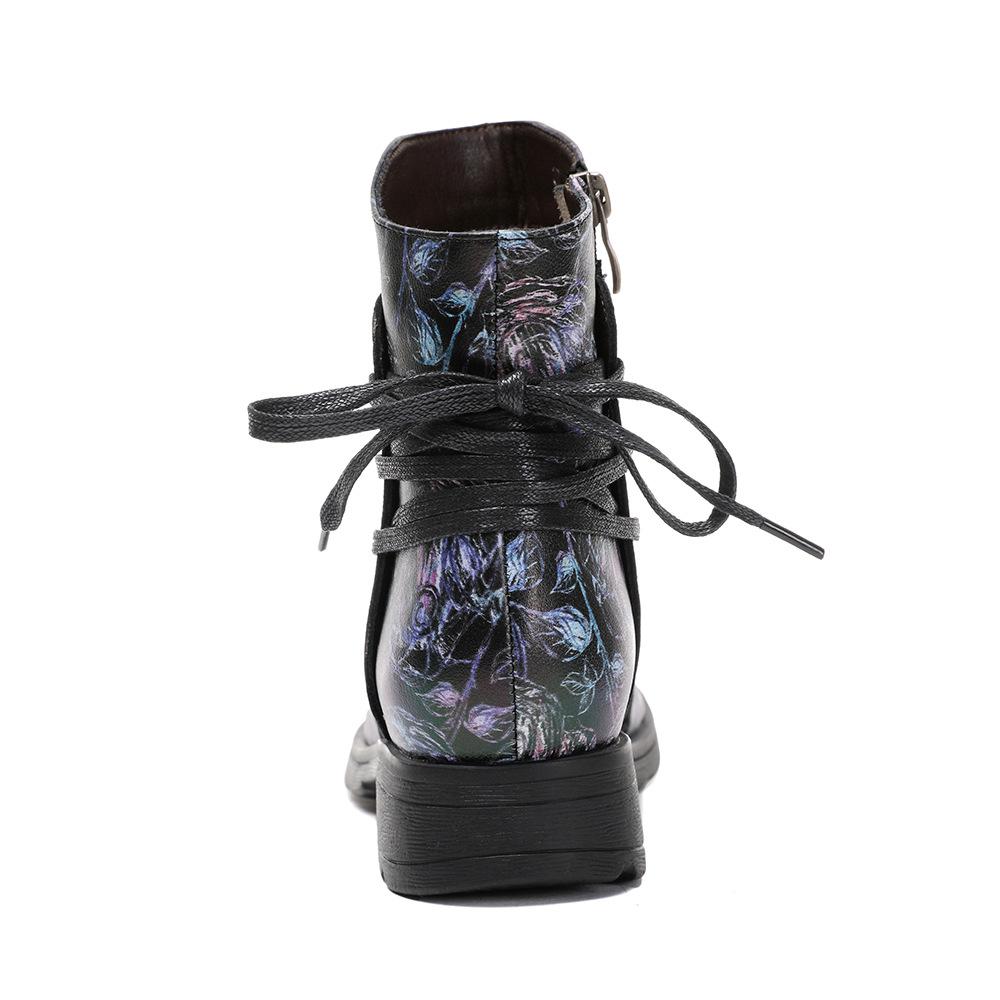 Johnature Genuine Leather Patchwork Printed Ankle Boots Women Shoes Ethnic Style Handmade Round Toe Short Boots