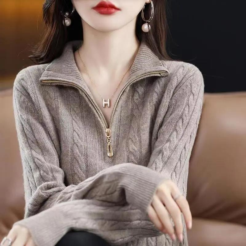 Женская водолазка на молнии, модные женские свитера, однотонный зеленый, синий пуловер с длинным рукавом, повседневный вязаный свитер, женский зимний