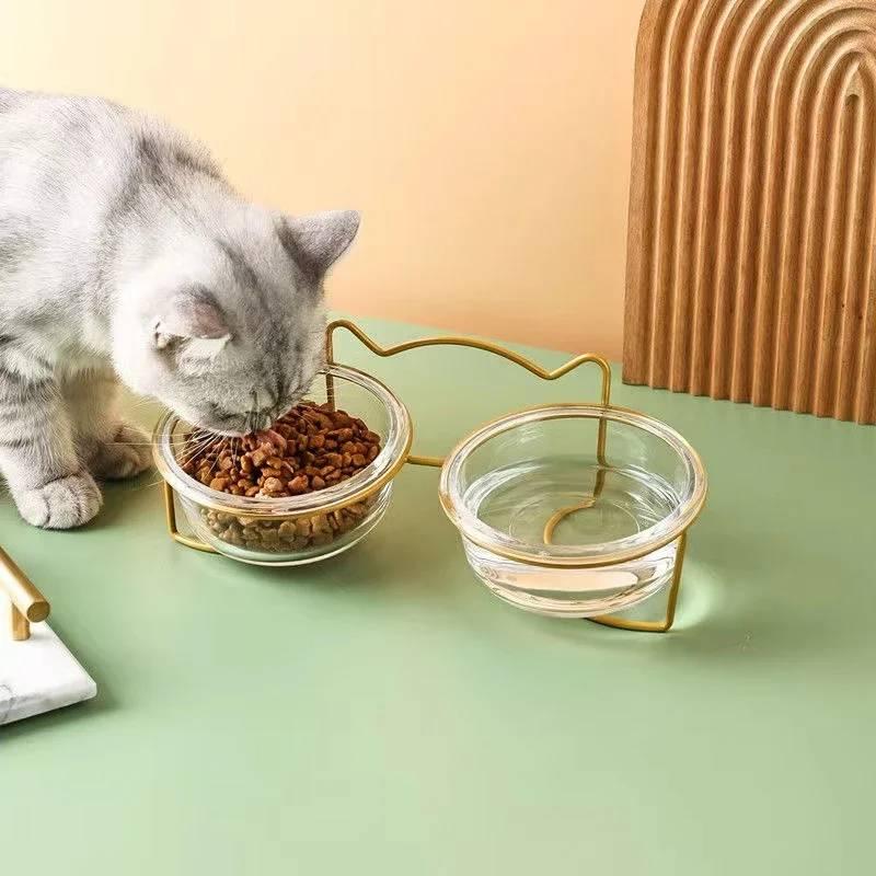 Стеклянная Миска для Кошки Собаки Миска для Щенка с Железной Рамкой Золотой Подставкой Поднятая Миска-Поилка Товары для Животных Аксессуары