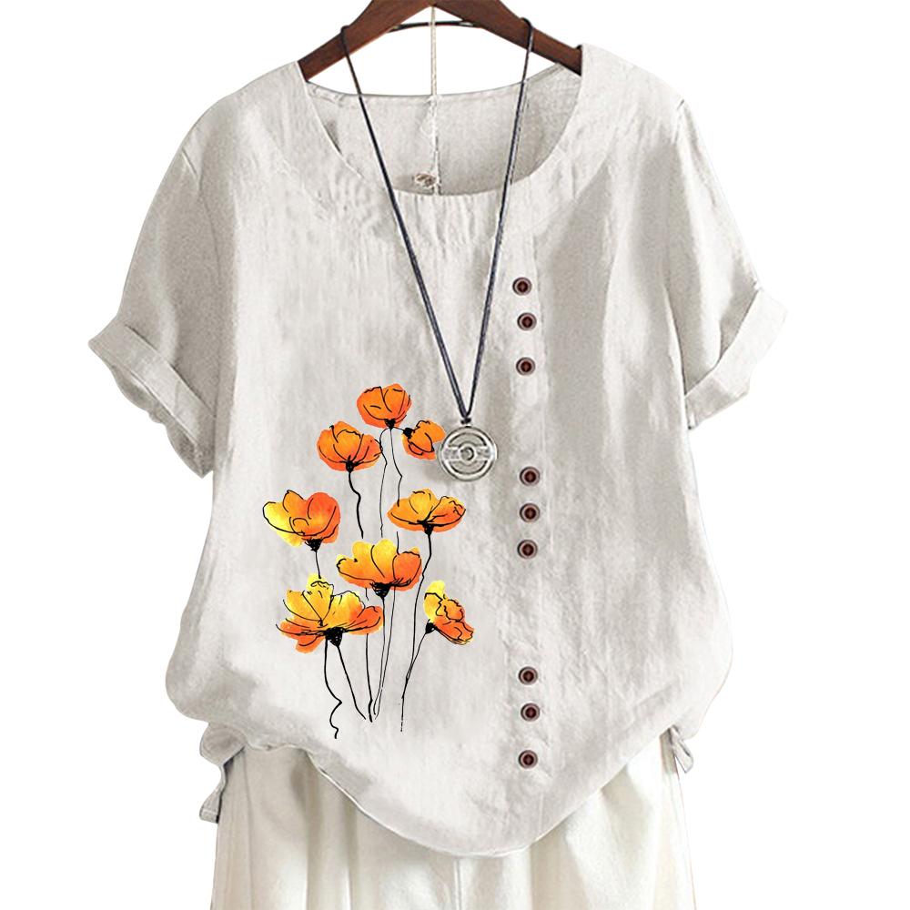 Женская повседневная футболка из льна и хлопка с 6 яркими цветочными узорами, круглым вырезом, короткими рукавами, S-5XL