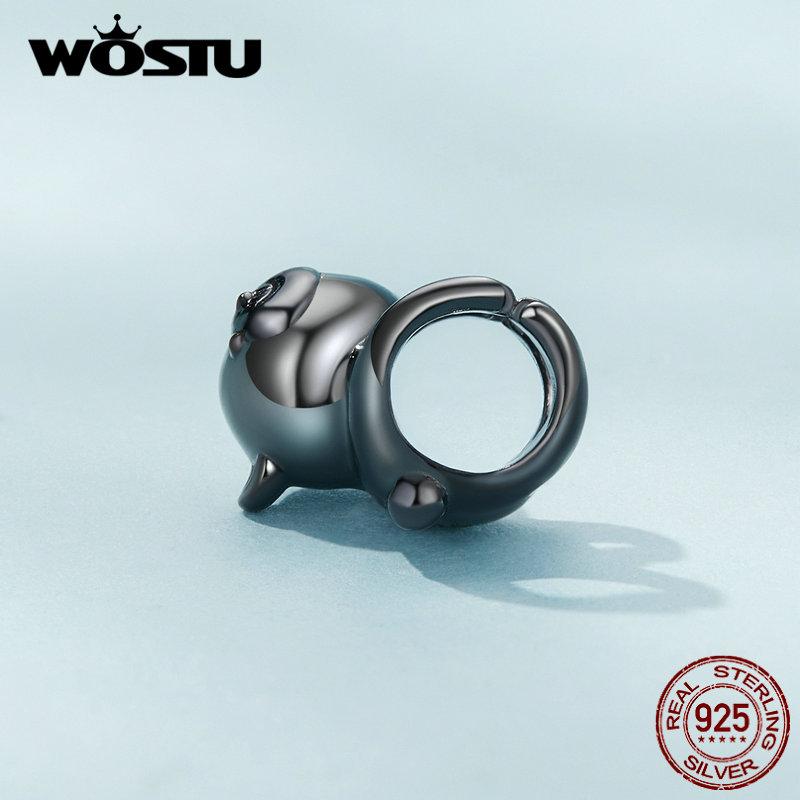WOSTU 925 Sterling Silver Cute Black Baby Bear Charms Beads Fit Original Bracelet DIY Jewelry