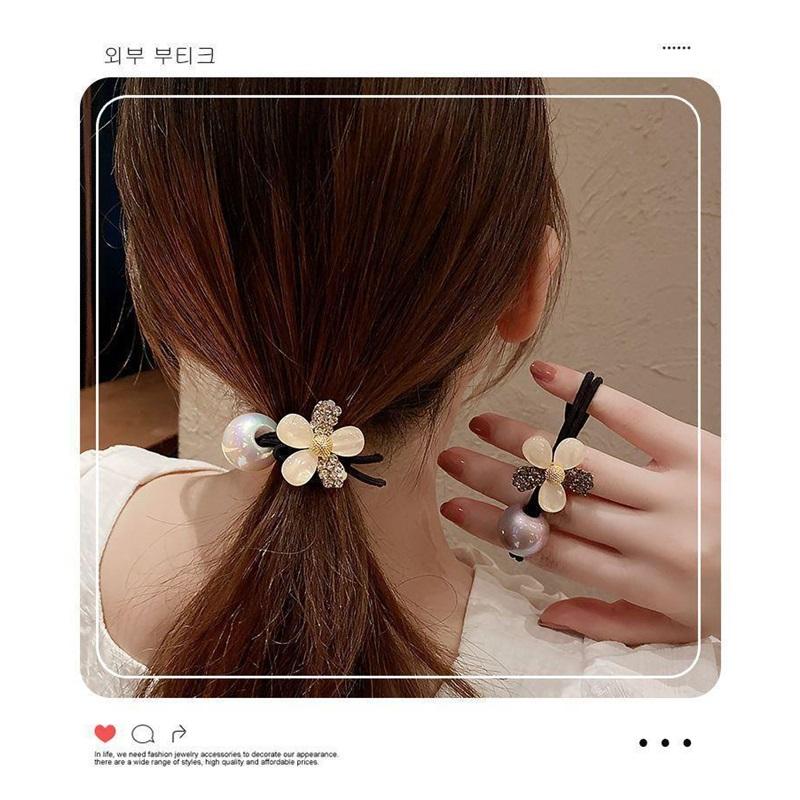 Korean Fashion Flower Cat's Eye Stone Double Strand Hair Rope Pearl Hair Tie Women Ponytail Bun Daily Hair Accessories