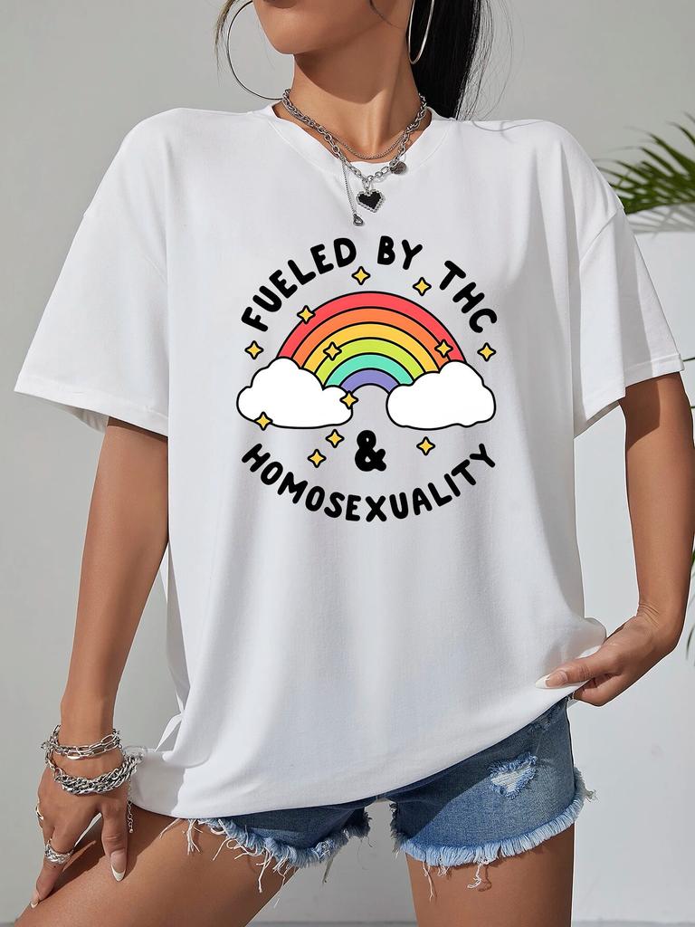 Корейская женская футболка с радужным принтом, женские хлопковые белые футболки, свободные футболки с короткими рукавами и круглым вырезом FeUnisex, одежда