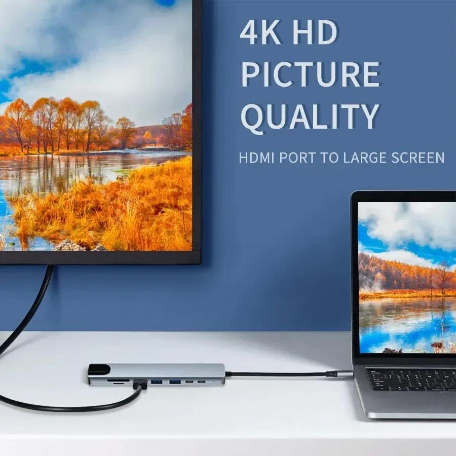USB-C хаб 8 в 1 Type C 3.1 к 4K HDMI адаптер с RJ45, кард-ридером SD/TF, док-станция PD для компьютера, MacBook, ноутбука