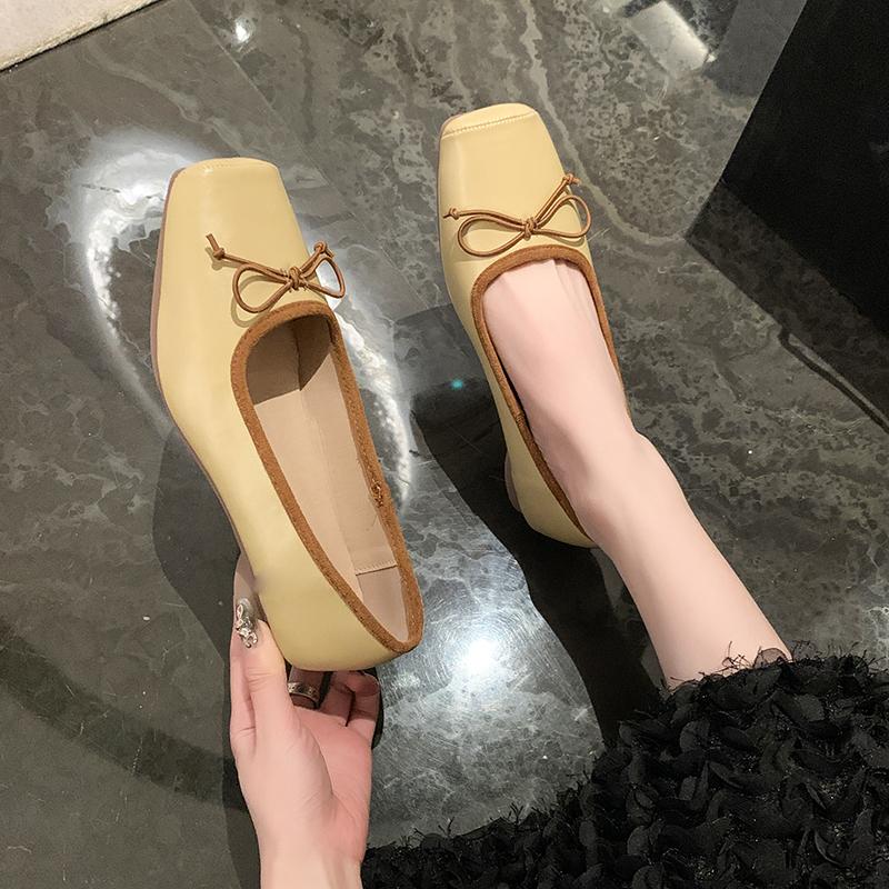 Модные туфли с бантом и квадратным носком, женские, удобные и элегантные, с неглубоким носком, разноцветные, женская обувь, на низком каблуке, балетки, повседневные