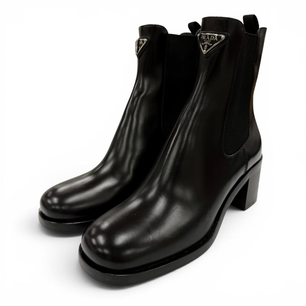 Excellent PRADA short boots Triangle logo brushed leather side gore 38 1T227N Used