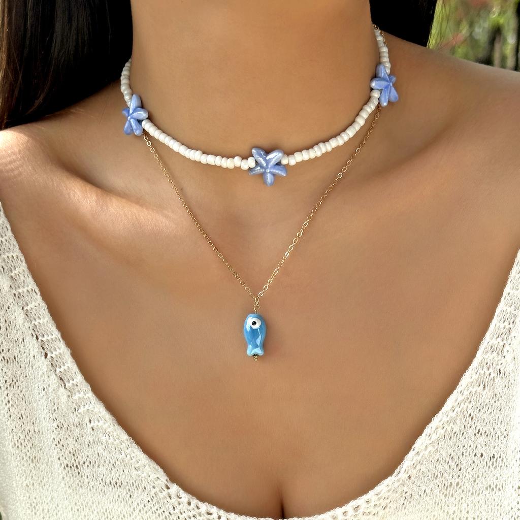 Charm Ocean Starfish OT Buckle Pendant Necklace for Women Handmade Rice Beads Ceramic Fish Choker Necklace Girls Party Jewelry