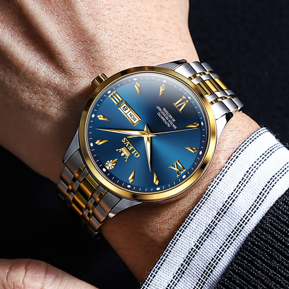 OLEVS Mechanical Movement Automatic Manual Winding Arm Clock Waterproof Luminous Date Stainless Steel Present Watch for Man Men's
