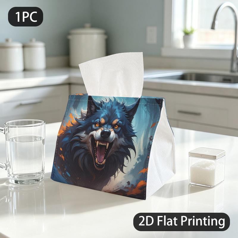 1pc Tissue Box, Fantasy Anime Snarling Wolf Ferocious Pattern, 2D Flat Printing, Blocks Dust, Folds Flat, Tissue Pouch, for Dining Table, 2D Flat
