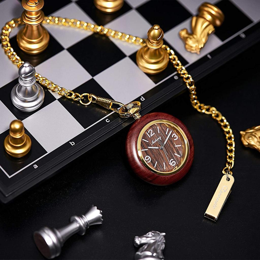 TREEWETO Pocket Watch Wooden Antique Quartz Arabic Numerals with Chain