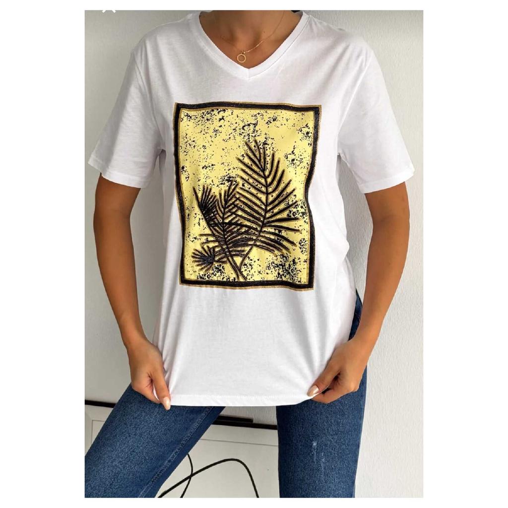 Женская черная футболка из 100 % хлопка с v-образным вырезом и вышивкой пайетками больших размеров