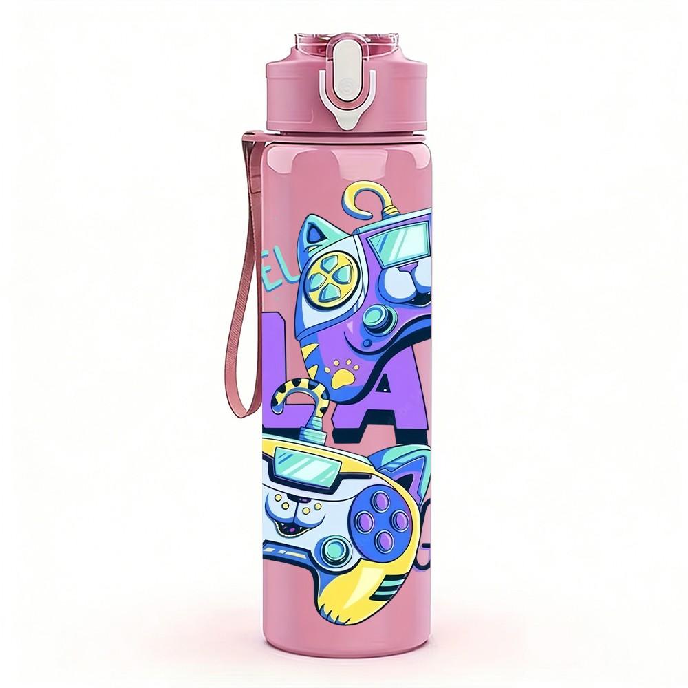 1PC Play Game Text Art 750ml Color Plastic Sports Water Bottle Leakproof Flip Straw Lid Suitable for Sports Office Home Use