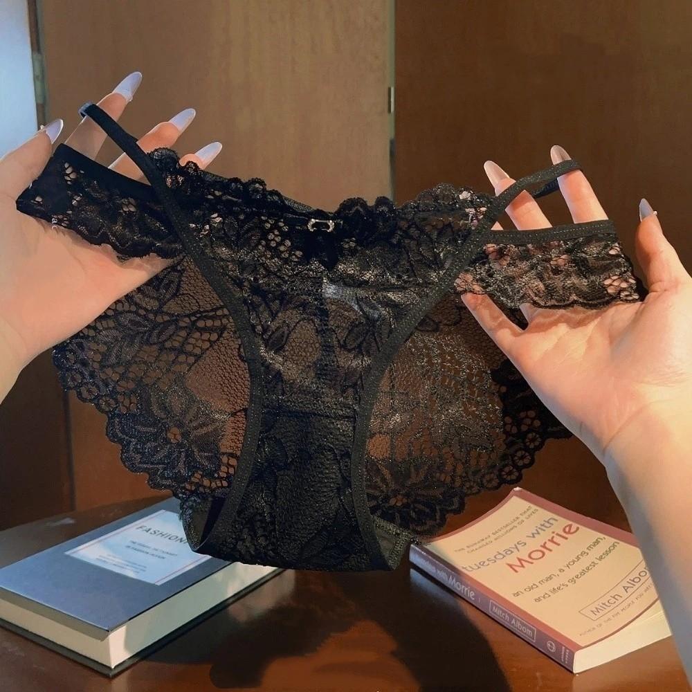 Lingerie Transparent Lace Panties Hollow Out Low Waist Bow Briefs Mesh Women's Underwear Summer