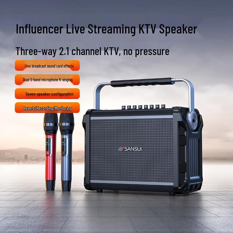 Портативная KTV караоке-колонка SANSUI с беспроводными микрофонами, штекер CN (адаптер в комплекте) (Китайская версия)