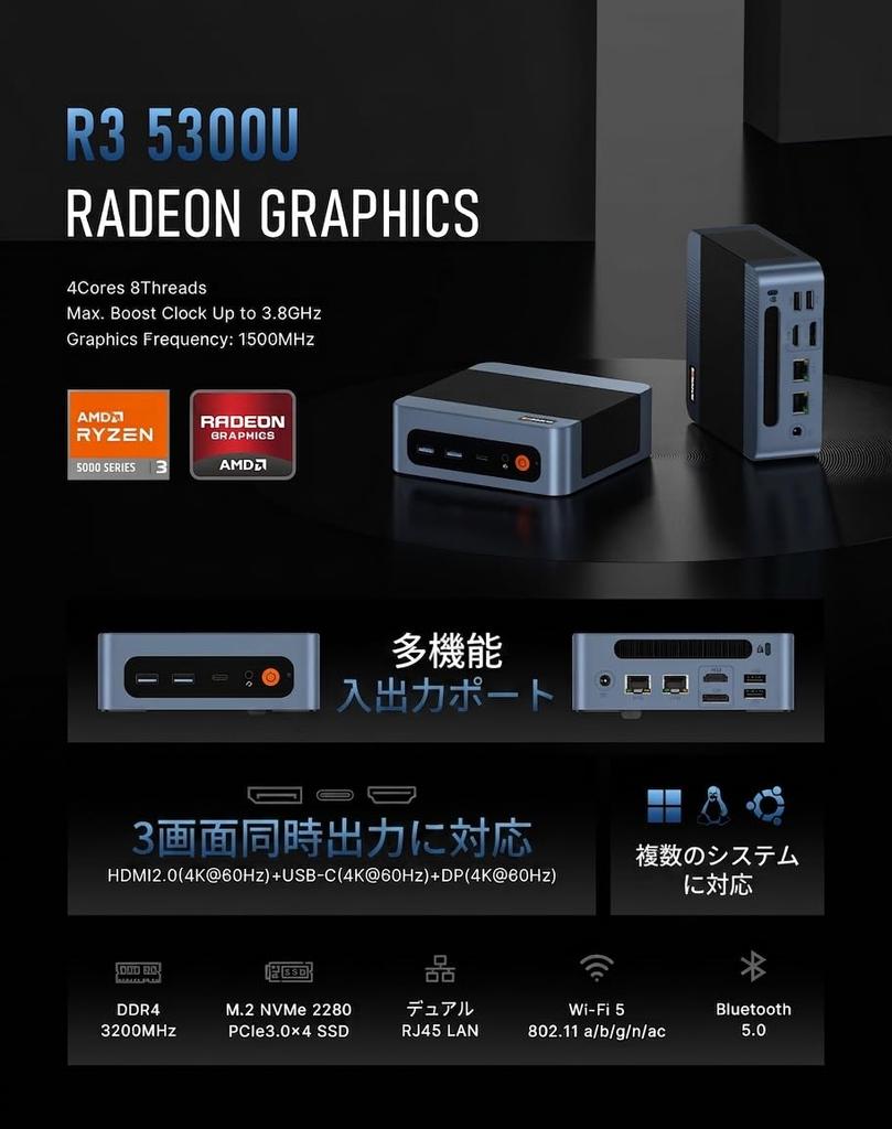 Мини-ПК BOSGAME E5 Windows 11 Pro AMD 5300U 8 ГБ ОЗУ DDR4 256 ГБ SSD Мини-компьютер 4K Тройной дисплей USB Gen2 5 Двойной LAN 3.2 Wi-Fi 2.5G
