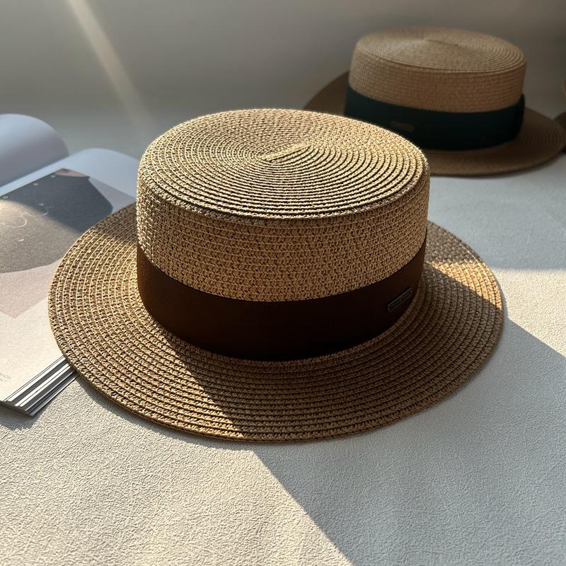 Internet celebrity straw hat children spring and summer French flat top top hat British sunshade sun protection seaside flat edge wide brim men and w