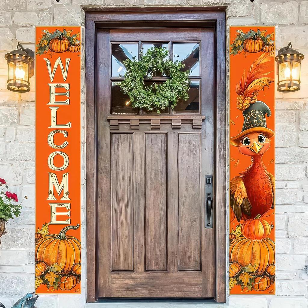 2pcs Thanksgiving Turkey Porch Banner Sign Set 12x71 Inch Autumn Thanksgiving Doors Decoration Fall Welcome Sign Pumpkin Door Banners for