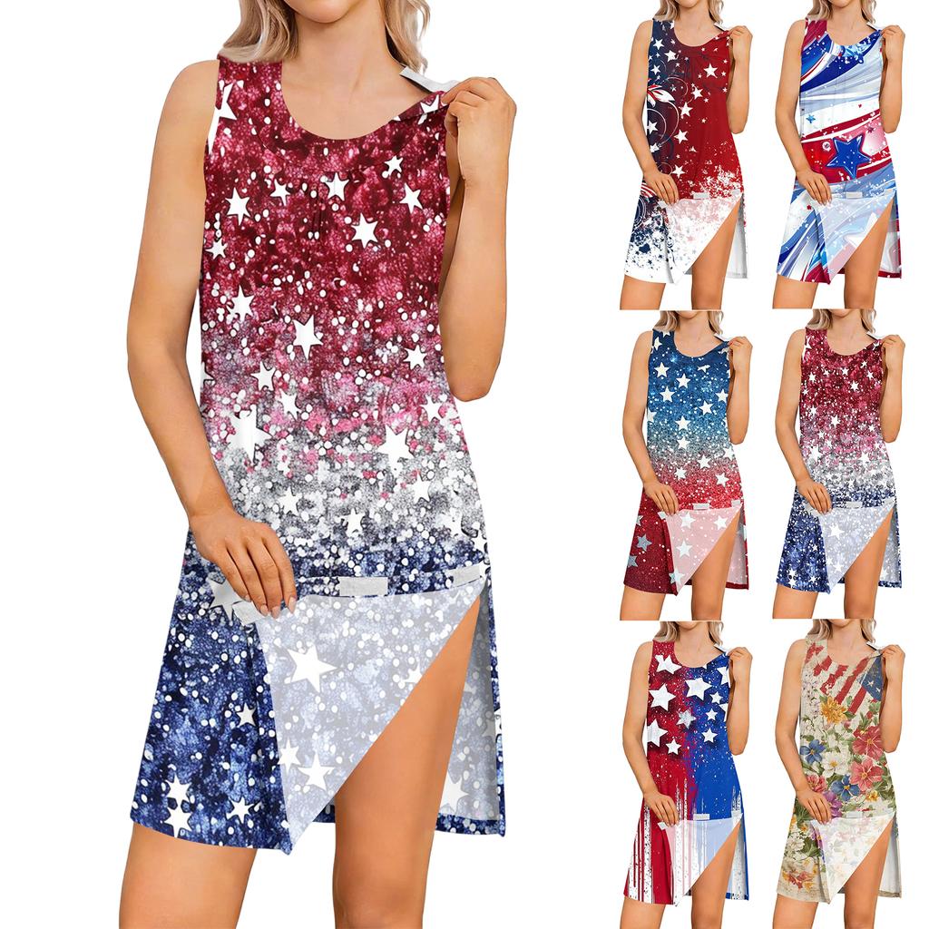 Sleeveless Tear Away Dress for Women Post Shoulder Surgery Independence Day Printed Knee Length Casual Dress with Side Slit