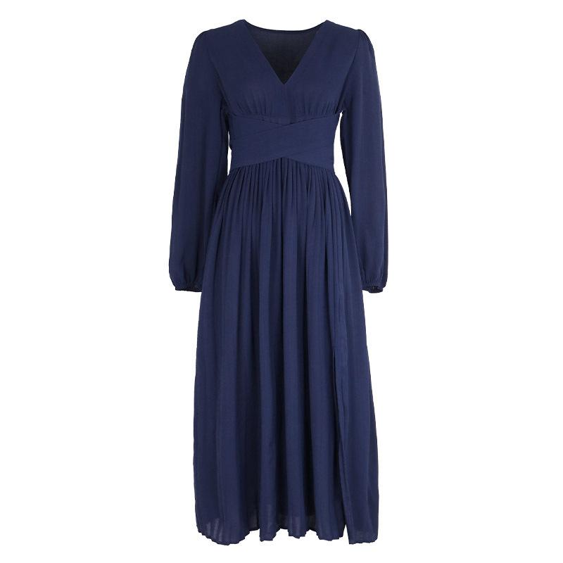 Осеннее женское платье с длинным рукавом, однотонное темпераментное элегантное платье средней длины