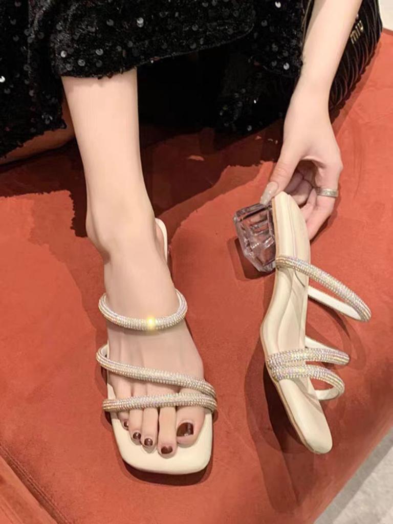Summer new wear thin heel cool slippers women 2025 elegant rhinestones with skirt square head open toe high heel one-word drag